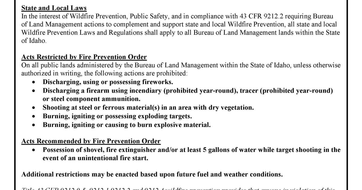Blm Idaho Fire Prevention Order 2025 Bureau Of Land Management